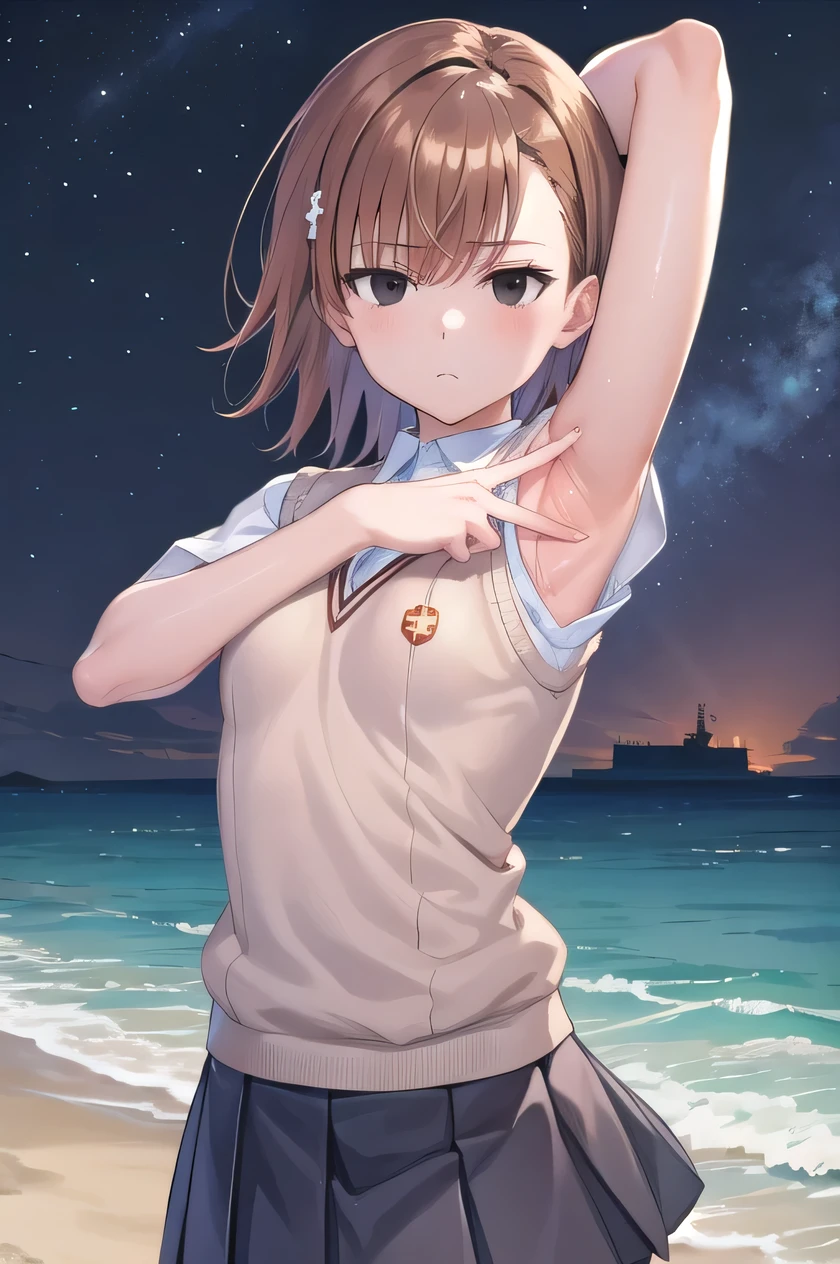 short hair, brown hair, black eyes, empty eyes, sweater vest, shirt, skirt, white shirt, pleated skirt, v-neck, short sleeves, tokiwadai , misaka imouto, solo, night sky, beach, arms behind head, contrapposto, spread armpits, closed mouth, upper body, looking at viewer,