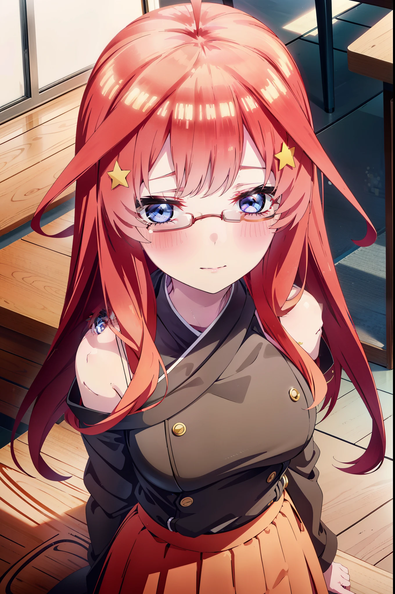 itsukinakano, Itsuki Nakano, bangs, blue eyes, Hair between the eyes, Ahoge, Redhead, star \(symbol\), hair ornaments, star hair ornaments,smile,blush,Akagi glasses,Cold shoulder tops,Long skirt,Stiletto heels,whole bodyがイラストに入るように,interior,There is a computer on the table,Looking down from above,
break indoors, オフィス
break looking at viewer, whole body,
break (masterpiece:1.2), highest quality, High resolution, unity 8k wallpaper, (figure:0.8), (Beautiful fine details:1.6), Highly detailed face, Perfect lighting, Highly detailed CG, (Perfect hands, Perfect Anatomy),