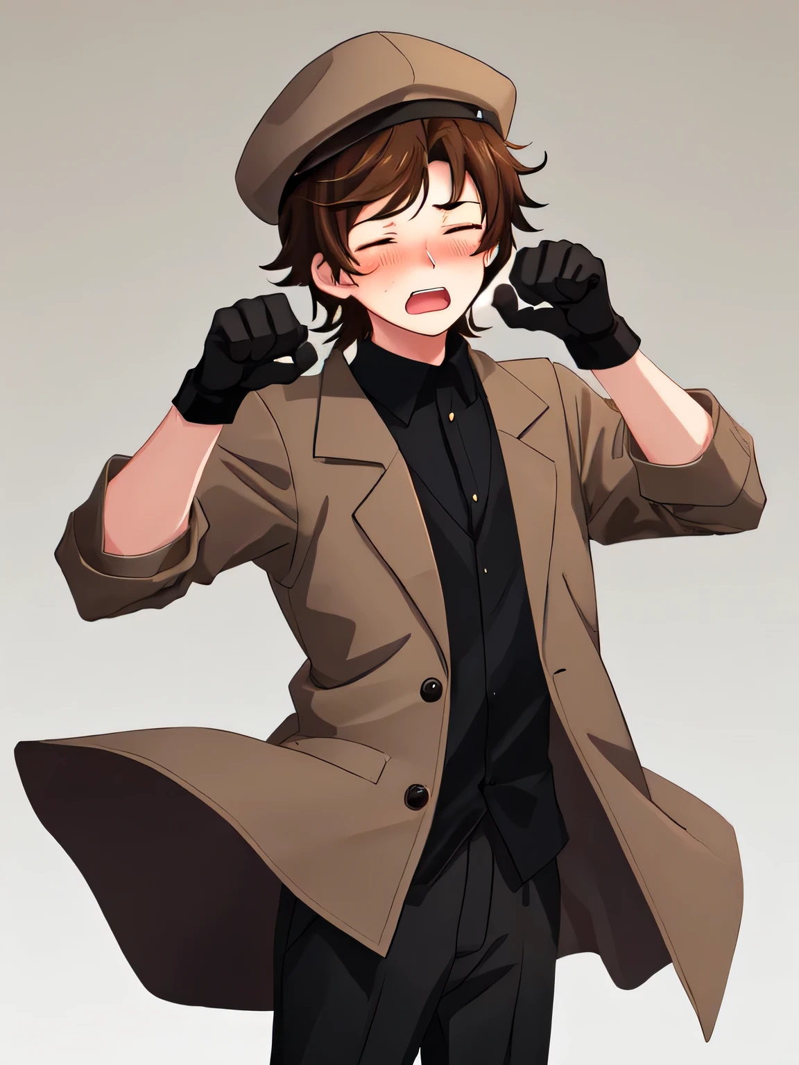 Medium full shot Portrait, 18-year-old boy, dark brown hair, bro flow style, closed eyes, brown jacket, gray sleeves, black pants, black gloves, beige cap, gradient background, dumbfounded, happry, mouth open, blushing, digital art, anime, solo, paw pose