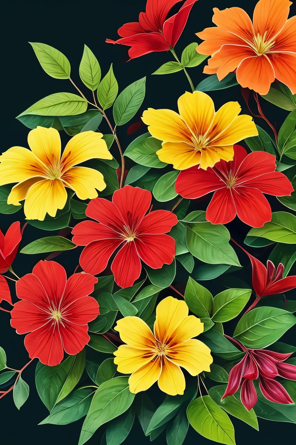 there is a red and yellow flower bush with green leaves, 🌺 cgsociety, beautiful deep colours, by Andrei Kolkoutine, by Alison Geissler, rich deep colors. a masterpiece, surreal waiizi flowers, deep colours. ”, beautiful deep colors, by Anna Füssli, nature and floral aesthetics, covered in flame porcelain vine, dark flowers