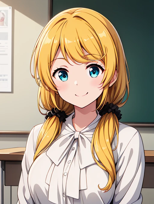 high resolution、High definition、high quality、Masterpiece、1 female、Ellen Baker、School teacher、Blonde、Blue Eyes、In a suit、Pink Lip Gloss、School classroom、With text、blackboard、smile、((Depiction of only the upper body))、((Woman close up))