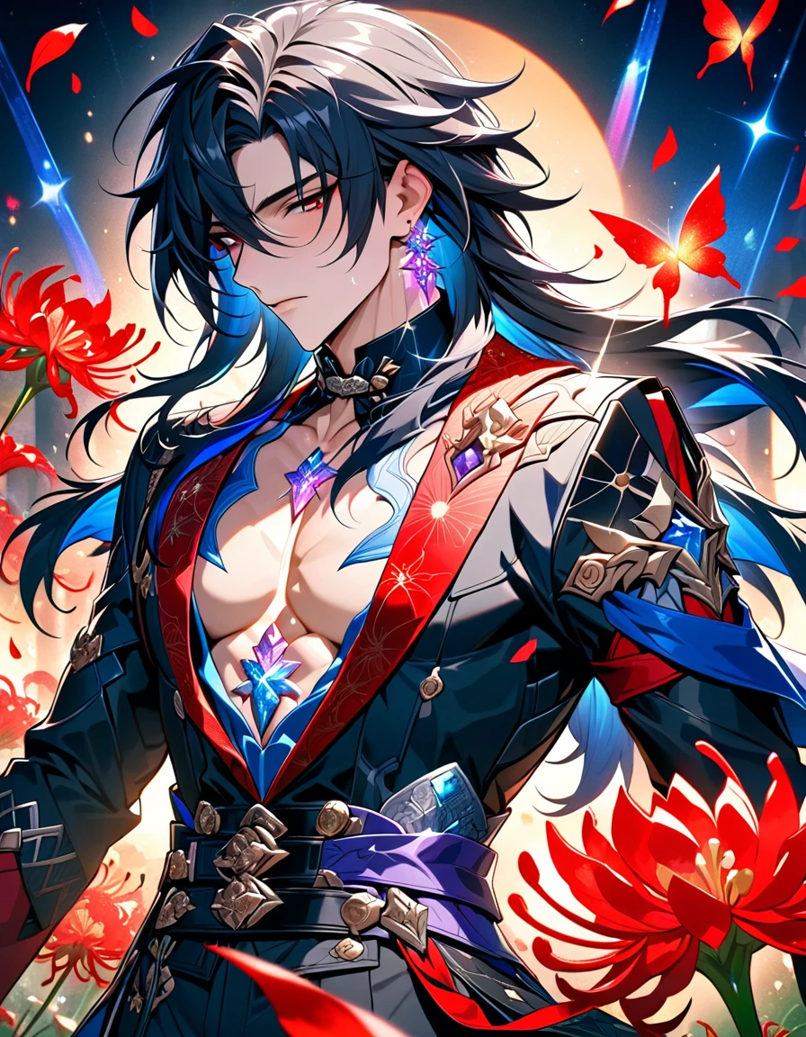 (absurdres, highres, ultra detailed, HDR) master piece, best quality, Ren, black long hair, expressive red eyes, honkai star rail, solo, sexy man, handsome, toned chest, black clothes, patterns, magical fantasy, red butterflies, glittering, sparkling, red spider lilies, petals, radiant