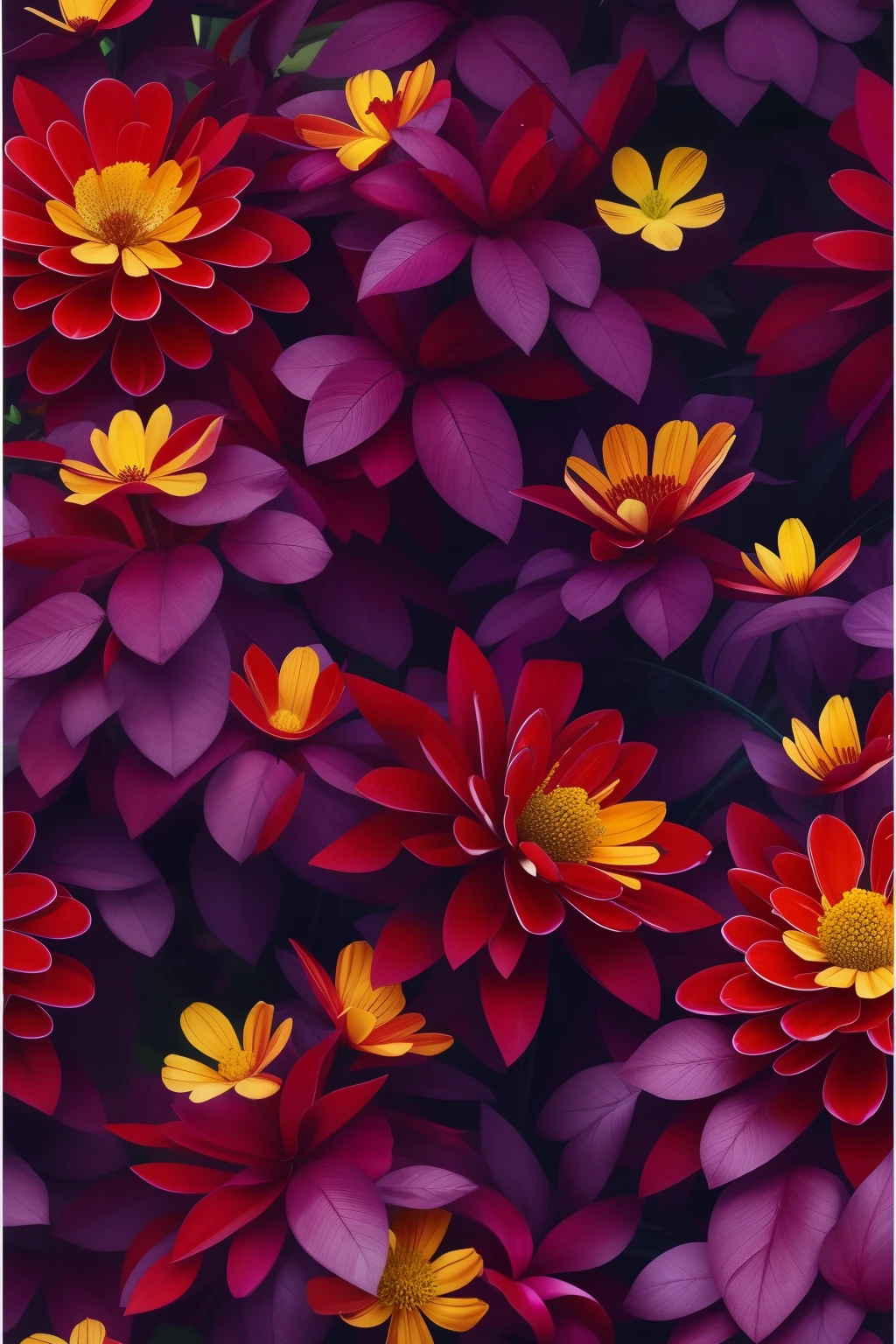 there is a red and yellow flower bush with green leaves, 🌺 cgsociety, beautiful deep colours, by Andrei Kolkoutine, by Alison Geissler, rich deep colors. a masterpiece, surreal waiizi flowers, deep colours. ”, beautiful deep colors, by Anna Füssli, nature and floral aesthetics, covered in flame porcelain vine, dark flowers