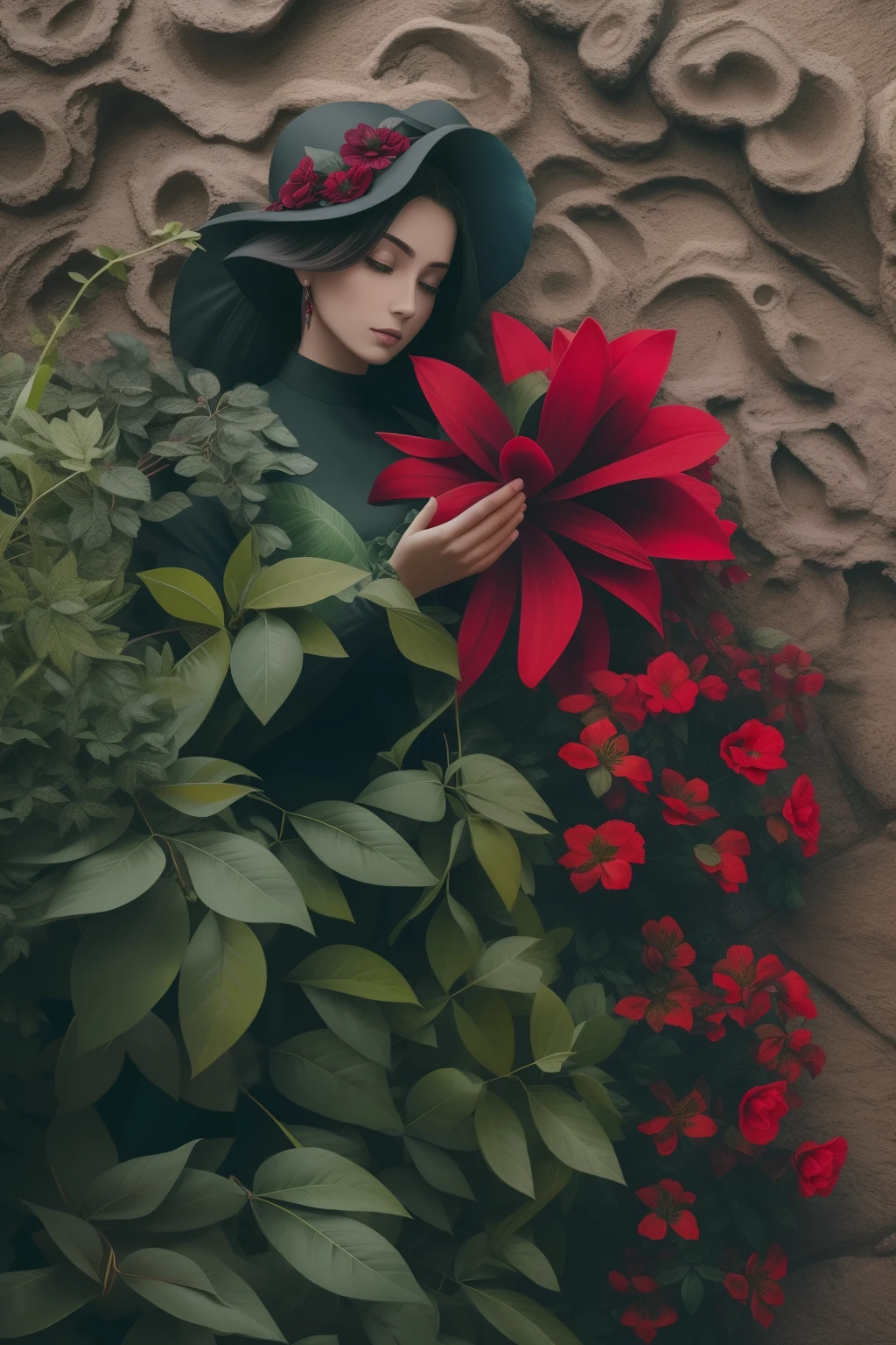 there is a red and yellow flower bush with green leaves, 🌺 cgsociety, beautiful deep colours, by Andrei Kolkoutine, by Alison Geissler, rich deep colors. a masterpiece, surreal waiizi flowers, deep colours. ”, beautiful deep colors, by Anna Füssli, nature and floral aesthetics, covered in flame porcelain vine, dark flowers