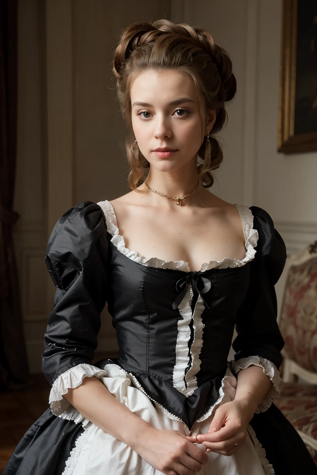 Close-up of Marie Antoinette with elaborate hairstyle and period makeup.