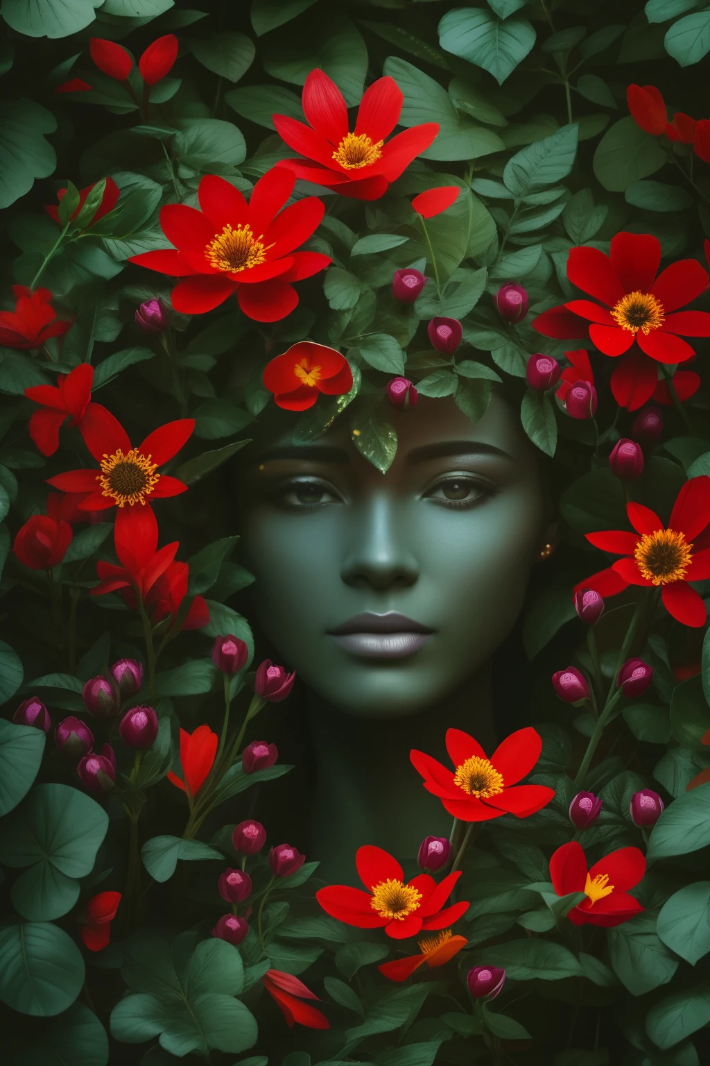 there is a red and yellow flower bush with green leaves, 🌺 cgsociety, beautiful deep colours, by Andrei Kolkoutine, by Alison Geissler, rich deep colors. a masterpiece, surreal waiizi flowers, deep colours. ”, beautiful deep colors, by Anna Füssli, nature and floral aesthetics, covered in flame porcelain vine, dark flowers