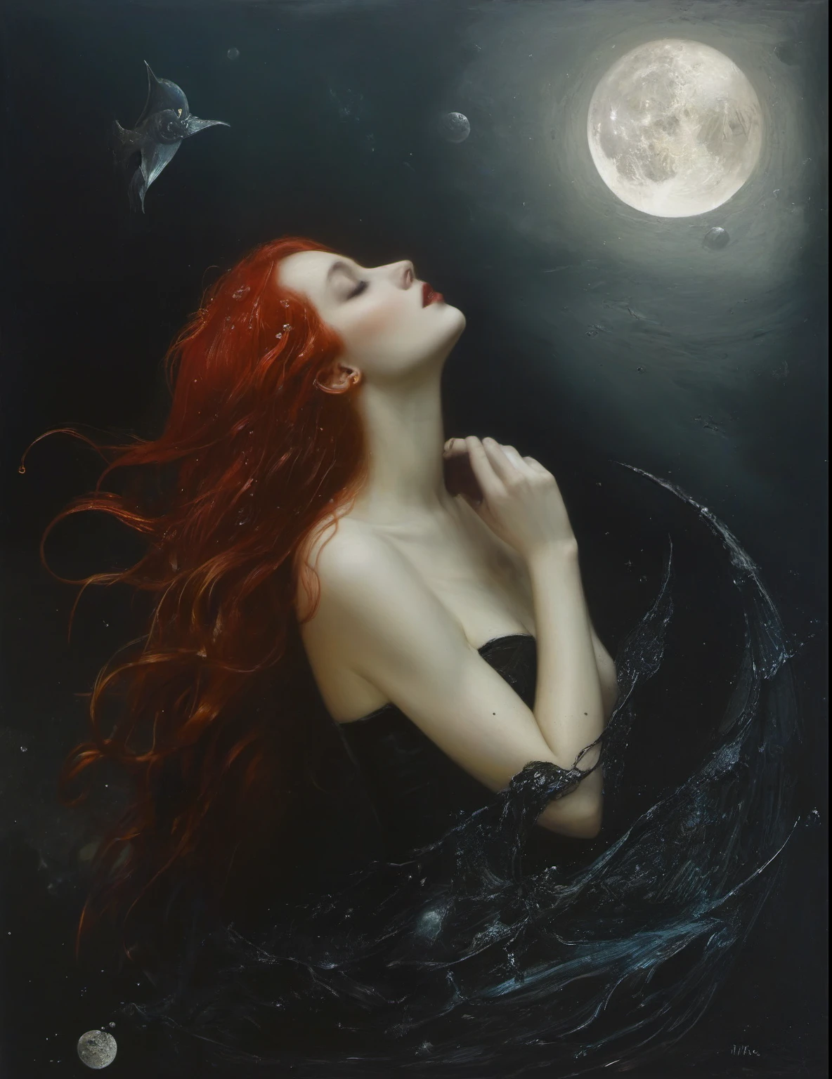 James Gurney, Surrealist art , dream-like, Mysterious, Provocative, symbolic, Complex, detailed,, (Gothic but very beautiful:1.4), (masterpiece, highest quality:1.4) , Nicola Samori Style, Drops of the Moon、Moonlight Mermaid