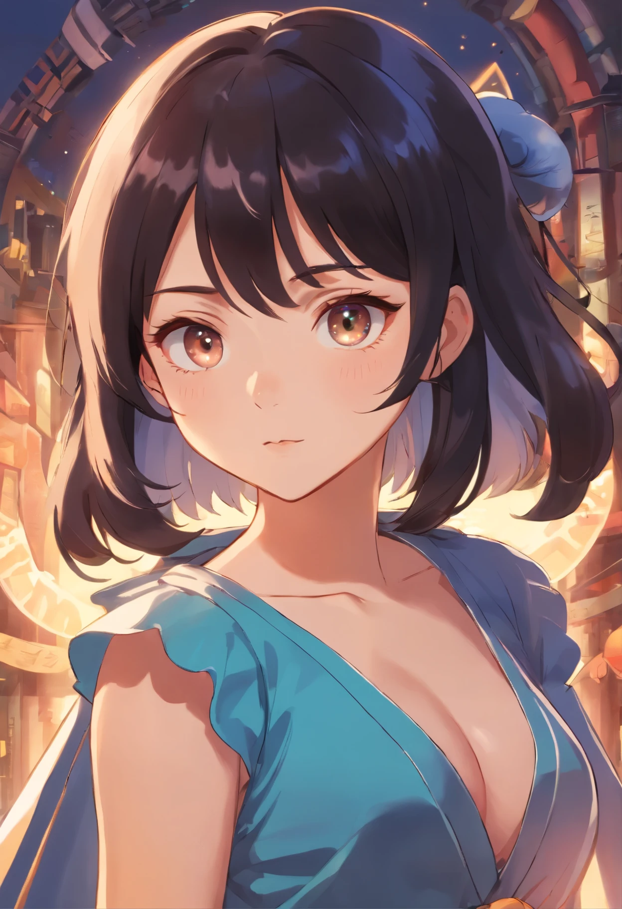 Make a woman age 18 years old. a chibi style, full body, head to toe model. have black hair. also have a bangs with blue color of the bangs. make it look like yanagi_risa03 style drawing. like viper in valorant. add a color palette.