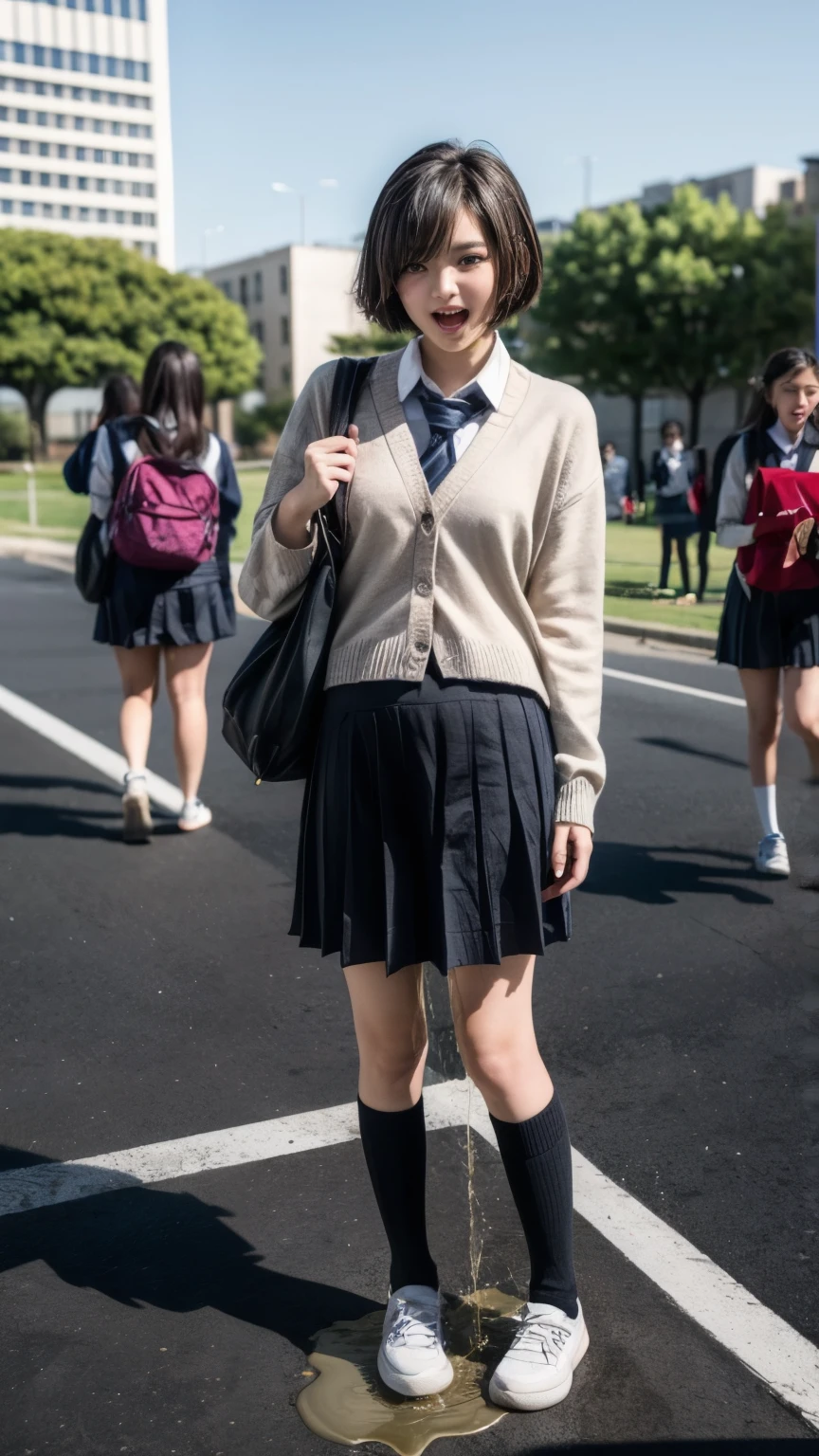 (realistic, photo-realistic:1.4),(best quality,masterpiece),RAW photo, high resolution, intricate details, finely detailed, incredibly detailed, extremely detailed, cinematic lighting, (full body, frontal photography:1.5),,  solo, 1girl, a  Japanese female standing, smaller face, thin, slim, slender, thin legs, (cardigan, skirt, white socks,wearing a tokiwadai school uniform:1.4), dark hair, (bowl cut hair:1.2), detailed face, beautiful detailed eyes, pale skin, 
(peeing self,urination:1.4), (desperation,humiliation,embarrassed,ashamed),[open mouth], desperate for peeing, wetting her clothes, pee running down her legs, desperate pose to pee, desperate face to pee, big pee puddle, 
photo background, outdoors, rooftop floor, high school, (students in background:1.7),