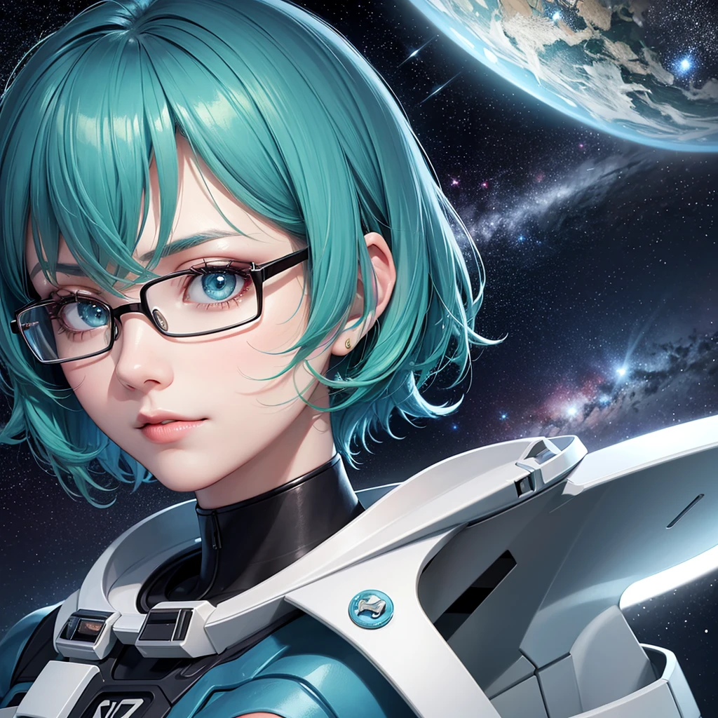 1girl, style by Sam Yang, short hair, green eyes, blue hair, hair between eyes, mean face, spacial scientist, best quality face, best quality skin, best quality eyes, best quality lips, ultra-detailed eyes, ultra-detailed glasses, ultra-detailed, colorful, night, space, nerdy, with glasses, space station, looking at the stars, high resolution