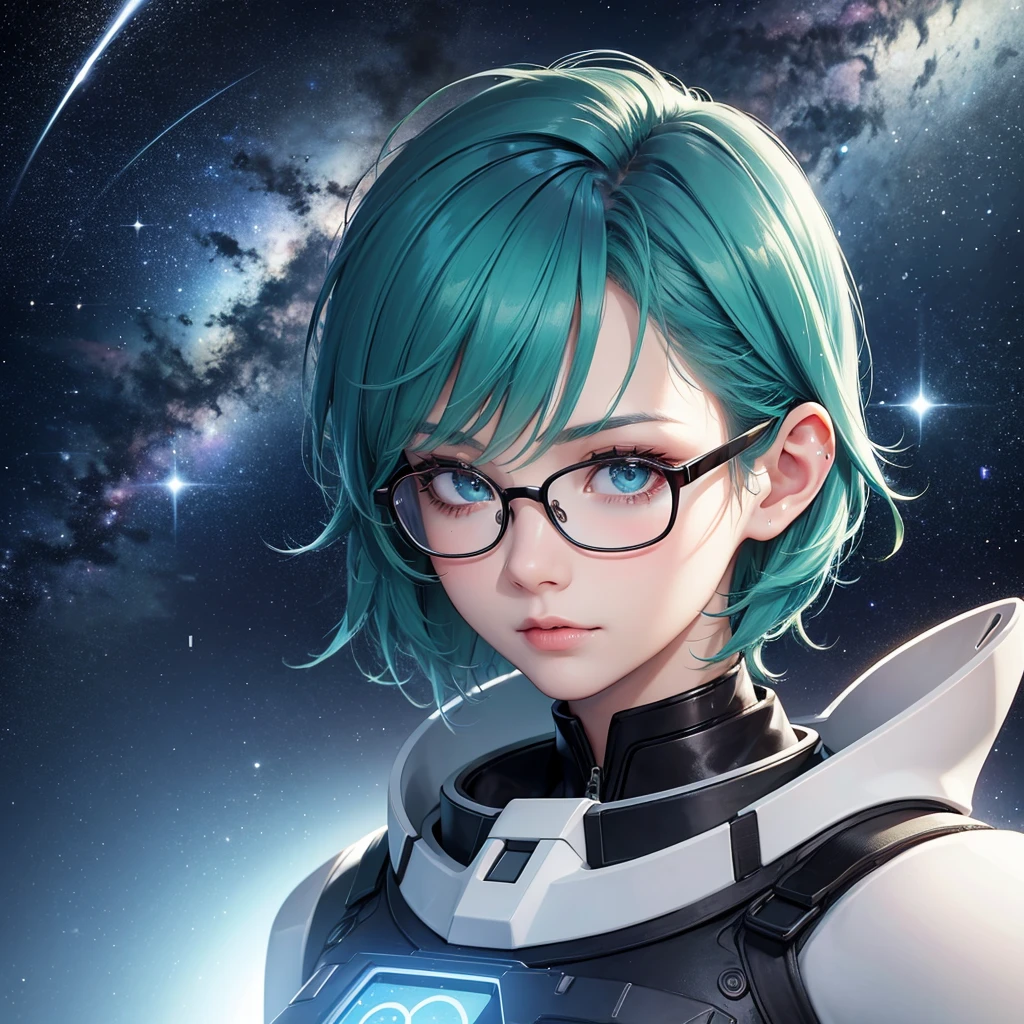 1girl, style by Sam Yang, short hair, green eyes, blue hair, hair between eyes, mean face, spacial scientist, best quality face, best quality skin, best quality eyes, best quality lips, ultra-detailed eyes, ultra-detailed glasses, ultra-detailed, colorful, night, space, nerdy, with glasses, space station, looking at the stars, high resolution
