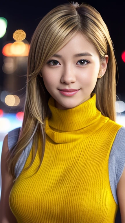 1 Japanese girl,(Wearing a yellow sleeveless turtleneck sweater:1.4),(RAW Photos, highest quality), (Realistic, photo-Realistic:1.4), masterpiece, Very delicate and beautiful, Very detailed, 2k wallpaper, wonderful, finely, Very detailed CG unity 8k wallpaper, Very detailed, High resolution, Soft Light, 微笑んだsmile, Very detailed eyes and face, Beautiful and detailed nose, Beautiful and beautiful eyes,Cinema Lighting,City lights at night,Perfect Anatomy,Slender body,close,(smile),Blonde Hair Info