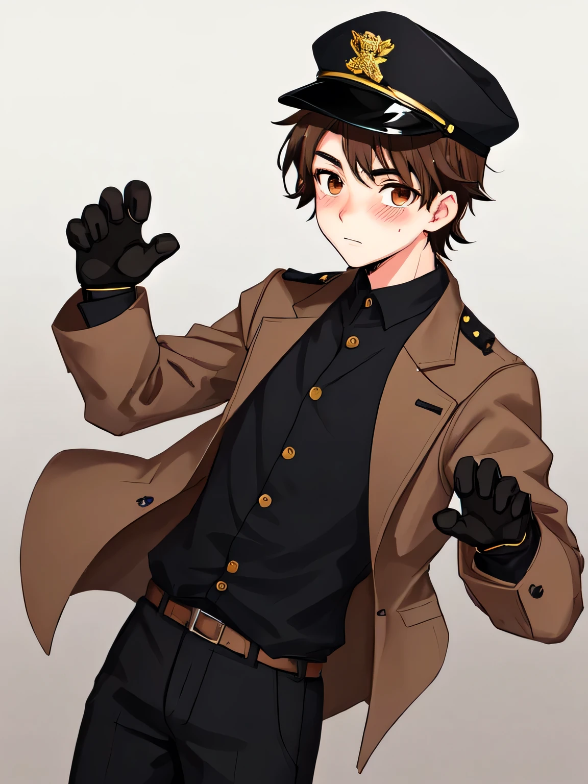 Medium full shot Portrait, 18-year-old boy, dark brown hair, bro flow style, brown eyes, brown jacket, gray sleeves, black pants, black gloves, beige cap, gradient background, ashamed, blushing, digital art, anime, solo, paw pose