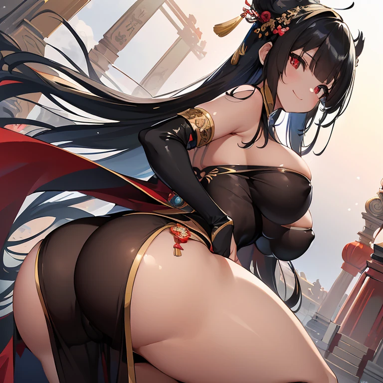 Expressive eyes, (((1 girl))), ((anime)), (Brand Hair), ((Red eyes)),(Half closed eyes), ((very Big Breasts)), ((Firm breasts)), ((Exposed thighs)),((goddess,Angel))((Black Chinese Dress,See through)), ((Big Breasts,and ass)), ((Blunt bangs)), ((People with dark skin,Tanned dark skin)), ((In the temple)), Captivating smile, Princess Cut, Shiny Hair, (masterpiece), Anatomically Correct Art, Very detailed, Advanced Details, high quality, 最high quality, High resolution, 4K, 8k, ((Slits in clothing)),(((Captivating smile))),