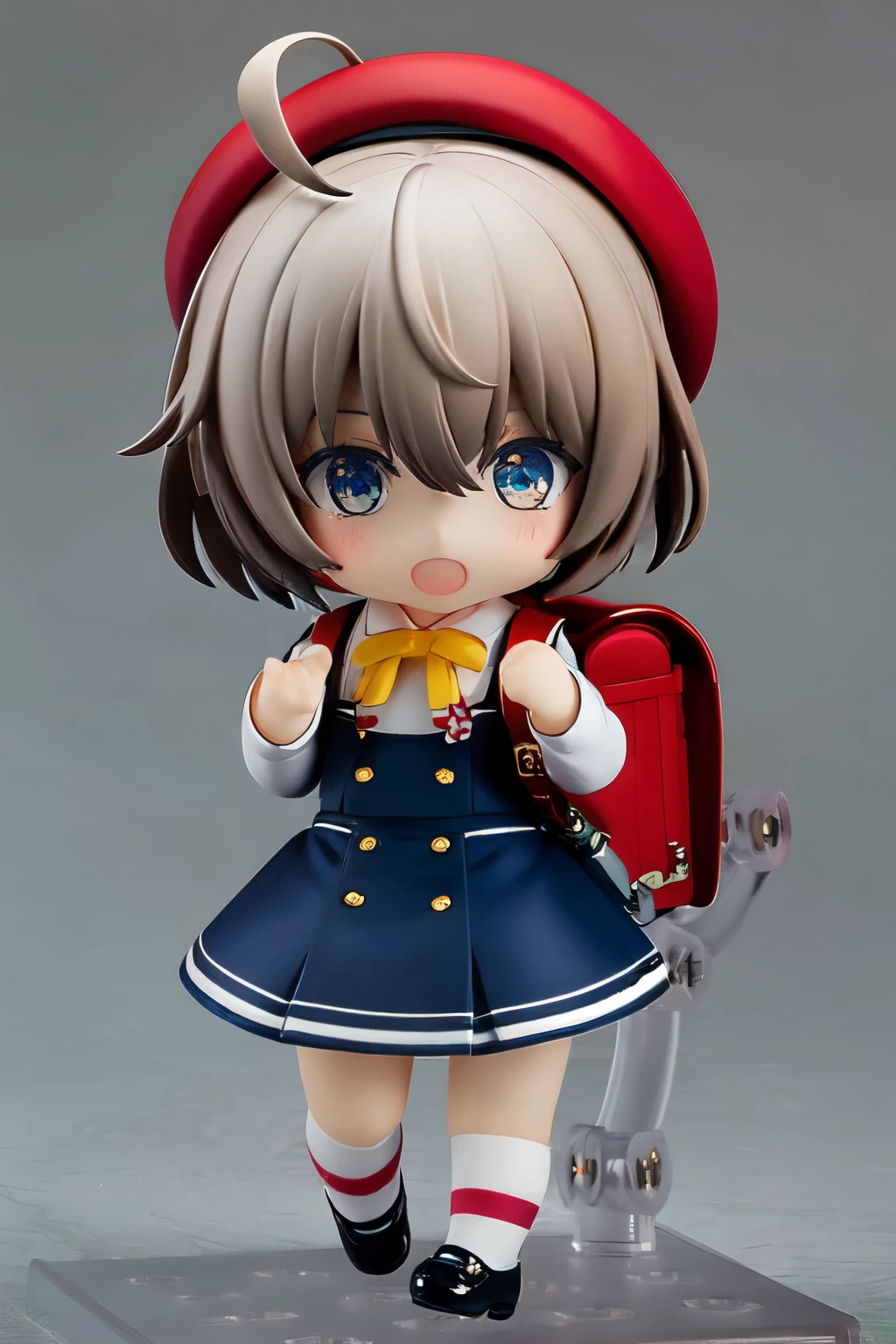 Masterpiece, hd, realistic, white legwear, light brown hair, 1girl, looking at viewer, smile, open mouth, blue dress, hat, mary janes, blue eyes, blush, ahoge, pinafore dress, sleeveless, eyebrows visible through hair, socks, black dress, , striped bow, grey background, red bag, striped, beret, short hair, striped neckwear, holding strap, red headwear, :d, white shirt, full body, long sleeves, brown hair, v-shaped eyebrows, neck ribbon, sleeveless dress, backpack, red backpack, white background, shoes, standing, ,collared shirt, black footwear, es-mate, leaf, white socks, ribbon, solo, diagonal-striped neck ribbon, standing , nendoroid