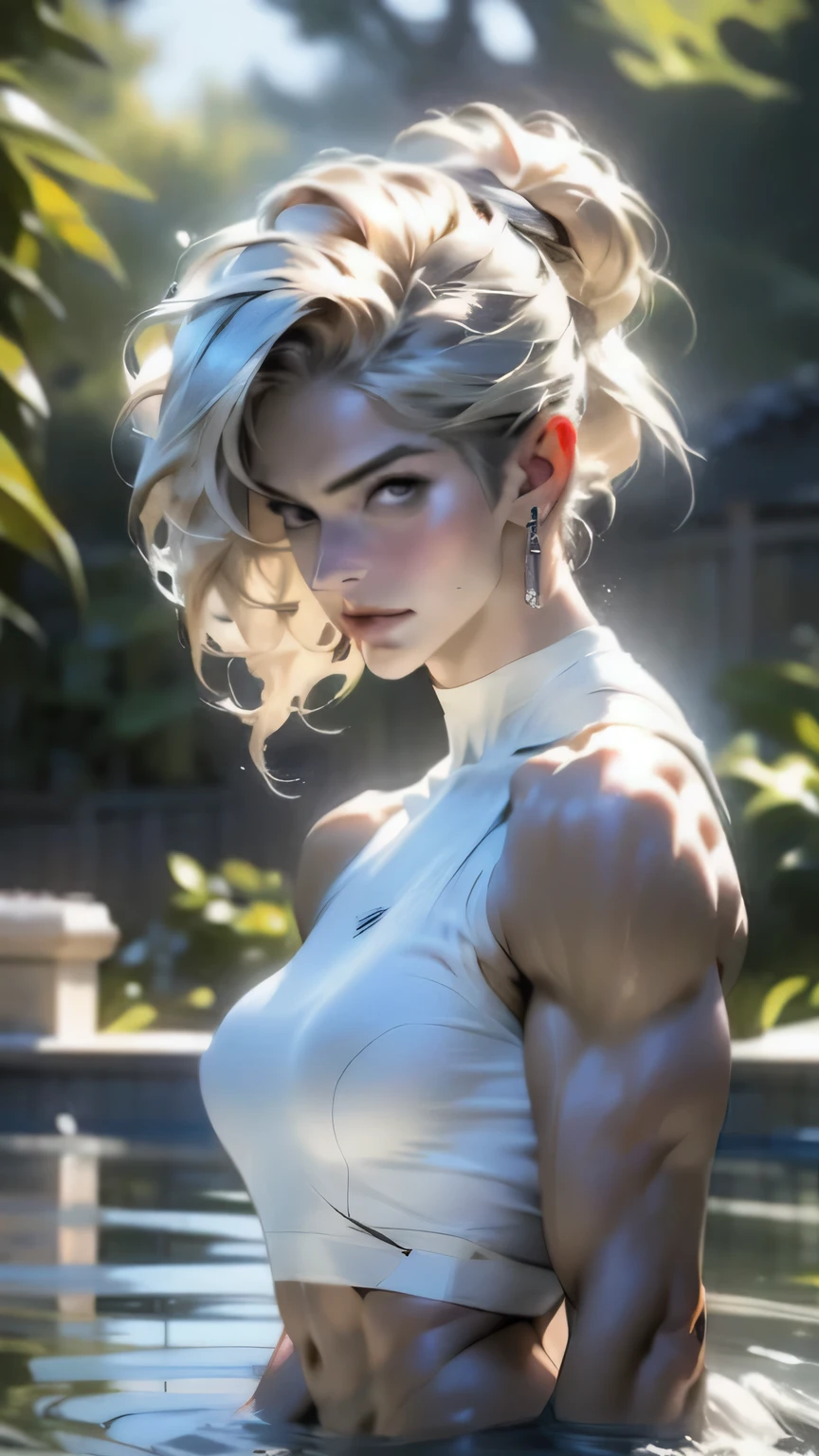 (最high quality, 4K), Beautiful woman, Ultra-realistic, 1 girl, (Huge breasts, Attractive body: 1.2), Abdominal muscles: 1.1, Dark blonde hair: 1.1, (Raindrops, Raindrops, Body gets wet: 1.2), Ultra detailed Face, detailed Lips, detailed Eyes, detailed, Armpit hair, double eyelid, Sensual low-neck dress, Open neckline, Saggy breasts, Side pose, Visible curves, Pool Party, Lying next to the pool, Golden robe, good, Hairy armpits, Super Short Hair, ultra-thin good, Spread your legs, Big arms, Big biceps, Realistic armpit hair, Oiled, Sexy pose, ( Bodybuilder pose), masterpiece, 最high quality, high quality, High resolution,