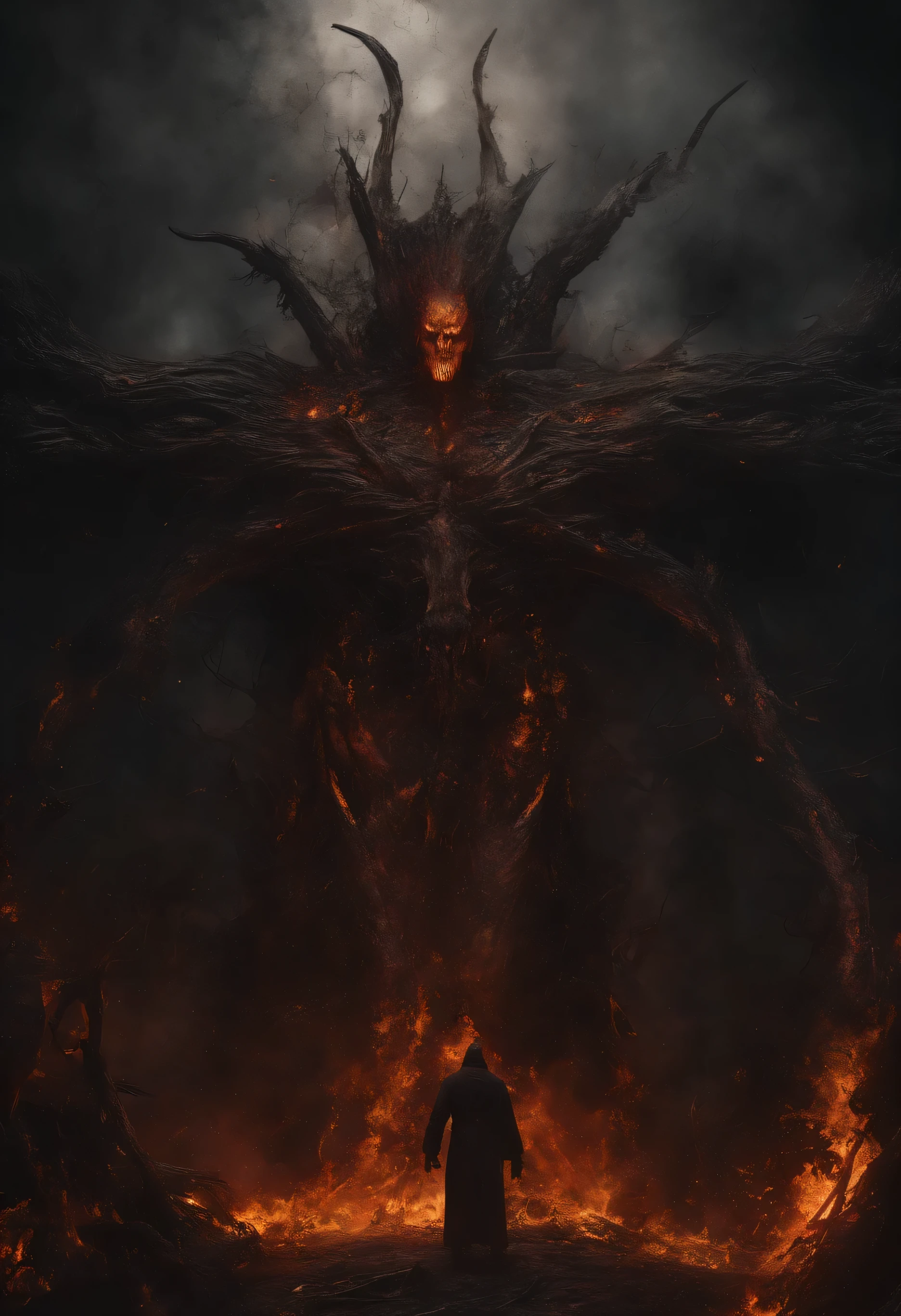(melhor qualidade,4k,8K,high resolution,Obra de arte:1.2),ultra-detalhado,(realista,photorealista,photo-realista:1.37),hell plane,fire demon and fire elementals,consumindo almas dos mortos,ambiente encharcado de sangue,chamas ardentes,atmosfera sinistra,sombras escuras,almas torturadas,calor sufocante,cores intensas de vermelho e laranja,aura ardente,smoke and ash,figuras se contorcendo,Malevolent Eyes.