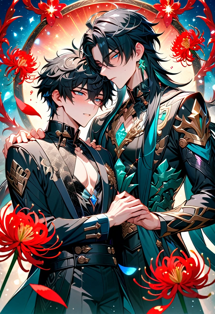 (absurdres, highres, ultra detailed, HDR) master piece, best quality, Ren, black long hair, expressive red eyes, honkai star rail, Dan Heng, black long hair, expressive blue eyes, two men together, yaoi, gay couple, handsome, toned chest, black clothes, patterns, magical fantasy, red butterflies, glittering, sparkling, red spider lilies, petals, radiant