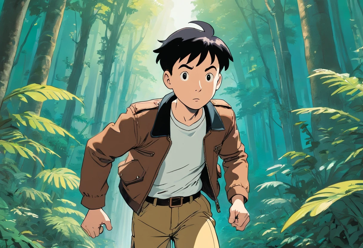 Tintin, male wearing dark brown leather jacket, white t-shirt and brown cargo pants, slick and neat short black hair, running foward in rainforest, herge, european comics