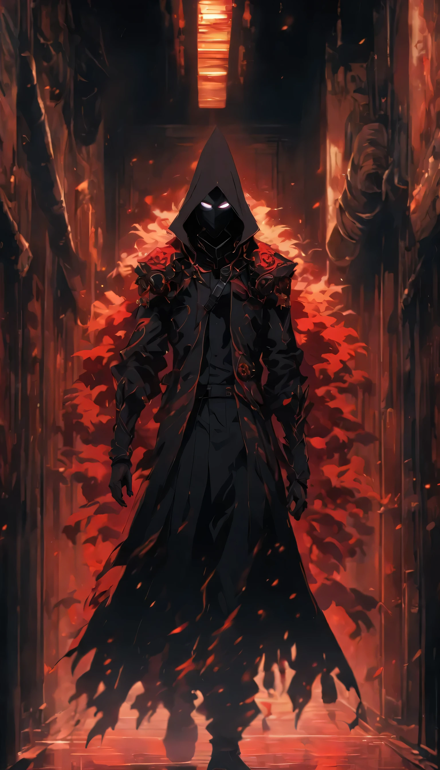 A masked figure standing in a dimly lit corridor, surrounded by silence, dressed in black spy attire, meticulously carrying out their mission, exuding a mysterious and dangerous aura, ,32k, best quality, masterpiece, super detail, high details by Jidaimono Anime Style, Black & Red Tones. In the hood