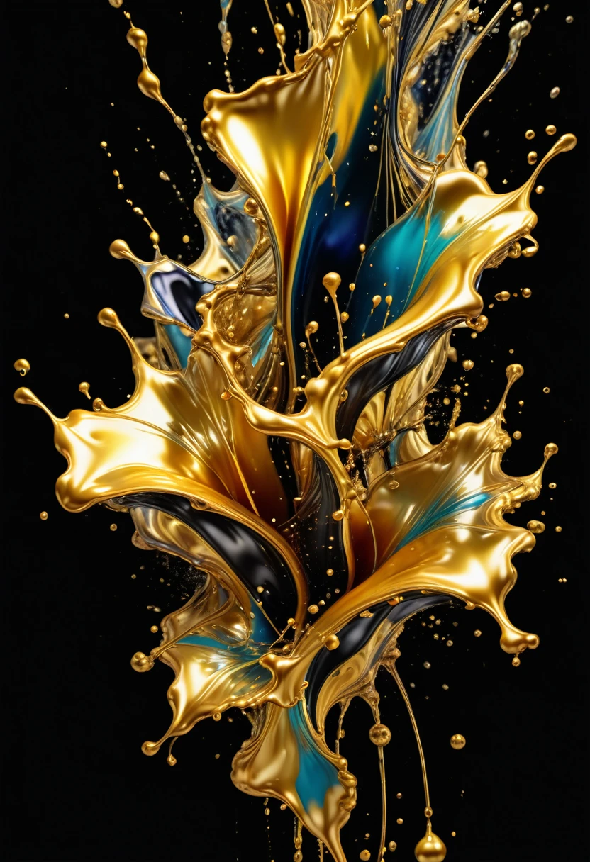 Vibrant shiny liquid gold metallic artistic representation in splash ink style ,A masterpiece of art explosion, Digital smooth liquid golden metal manifold complex,

                        elegant, vast, excellent, Vibrant black background