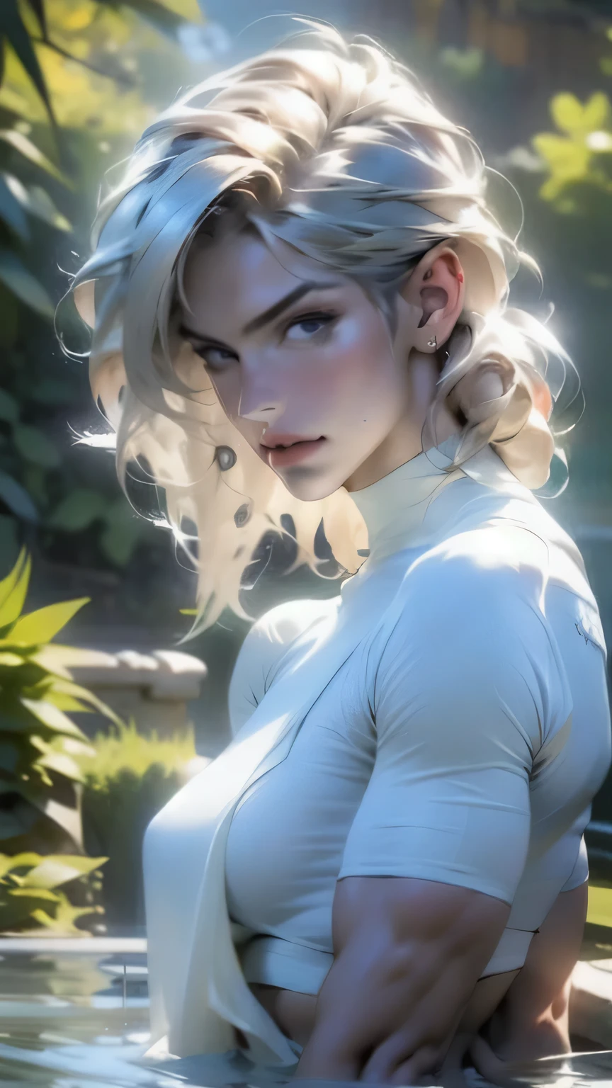 (最high quality, 4K), Beautiful woman, Ultra-realistic, 1 girl, (Huge breasts, Attractive body: 1.2), Abdominal muscles: 1.1, Dark blonde hair: 1.1, (Raindrops, Raindrops, Body gets wet: 1.2), Ultra detailed Face, detailed Lips, detailed Eyes, detailed, Armpit hair, double eyelid, Sensual low-neck dress, Open neckline, Saggy breasts, Side pose, Visible curves, Pool Party, Lying next to the pool, Golden robe, good, Hairy armpits, Super Short Hair, ultra-thin good, Spread your legs, Big arms, Big biceps, Realistic armpit hair, Oiled, Sexy pose, ( Bodybuilder pose), masterpiece, 最high quality, high quality, High resolution,