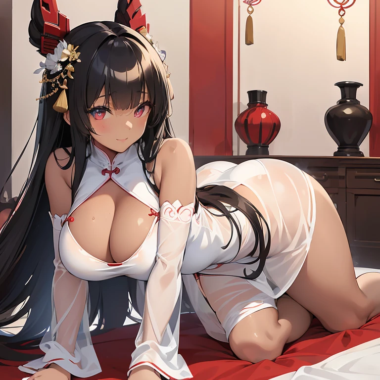 Expressive eyes, (((1 girl))), ((anime)), (Brand Hair), ((Red eyes))，(Half closed eyes), ((very Big Breasts)), ((Firm breasts)), ((Exposed thighs)),((goddess，Angel))((White Chinese Dress，See-through)), ((Big Breasts，and ass)), ((Blunt bangs)), ((People with dark skin，Tanned dark skin)), ((In the temple)), Captivating smile, Princess Cut, Shiny Hair, (masterpiece), Anatomically Correct Art, Very detailed, Advanced Details, high quality, 最high quality, High resolution, 4K, 8k, ((Slits in clothing))，(((Captivating smile)))，