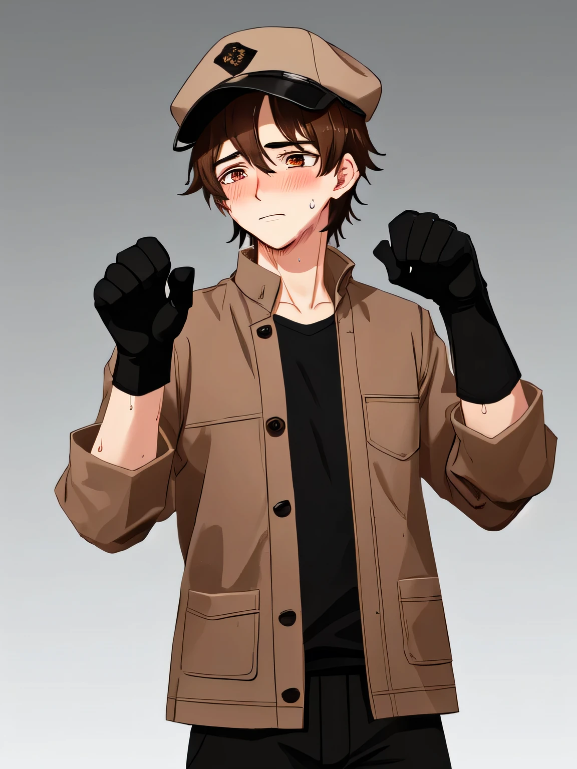 Medium full shot Portrait, 18-year-old boy, dark brown hair, bro flow style, brown eyes, brown jacket, gray sleeves, black pants, black gloves, beige cap, gradient background, ashamed, blushing, digital art, anime, solo, paw pose, sweat