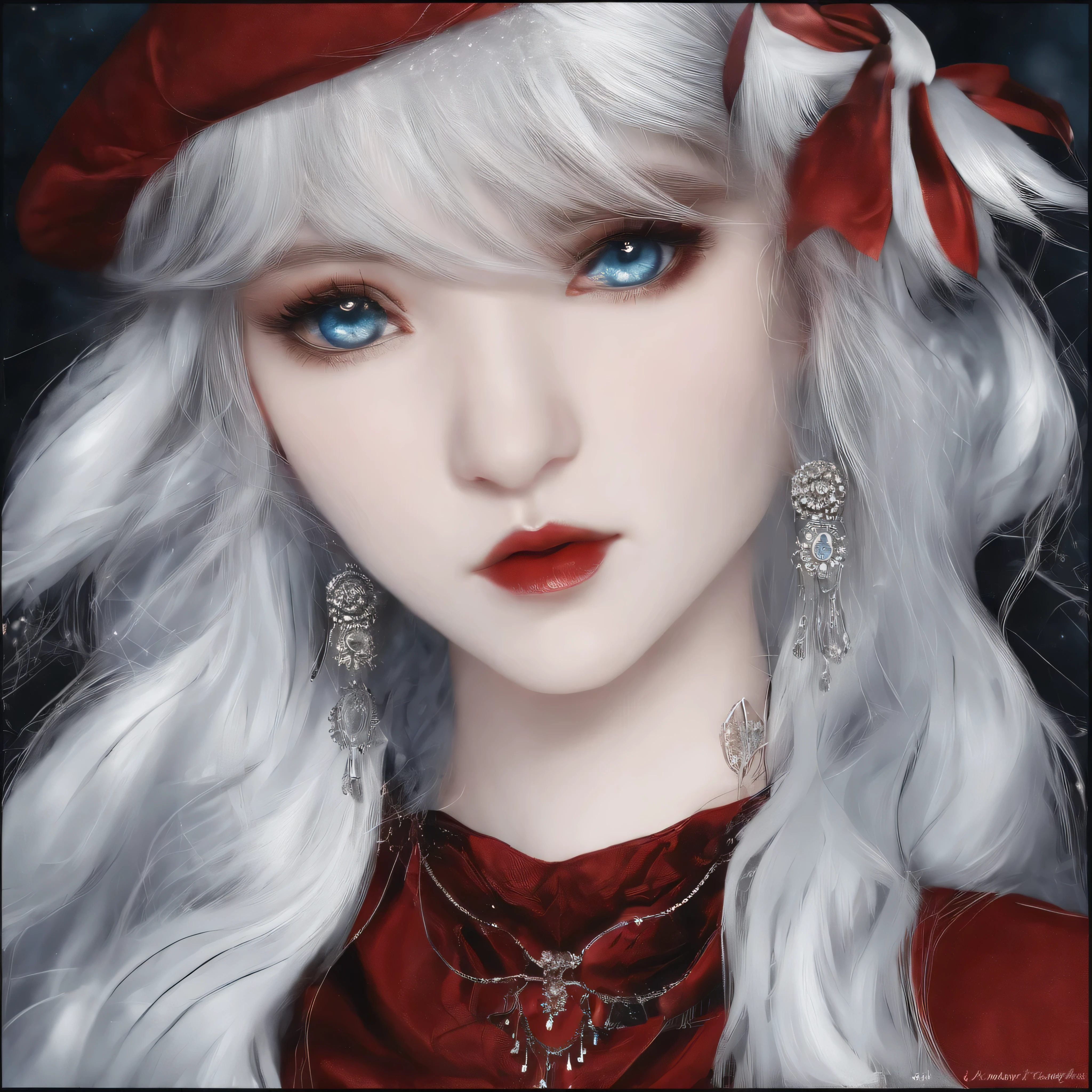 White girl long hair black and blue hair small bose mediam eyes black eyes red dark lips black seari