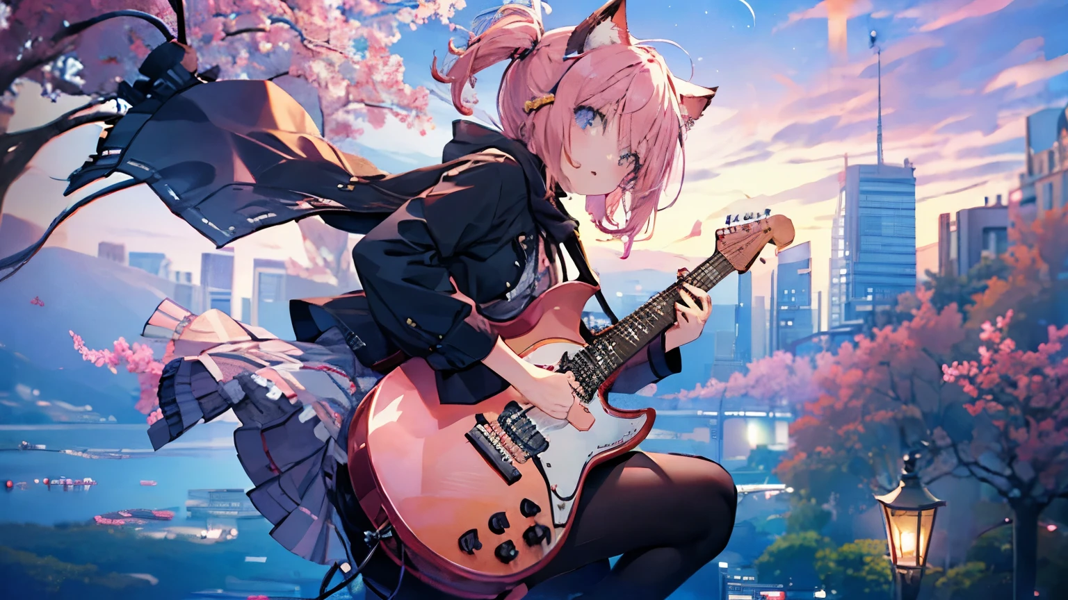 picture a scene of a girl playing the guiter with the moon and stars in the sky. Anime, pink hair, cat ears. That's her charm.