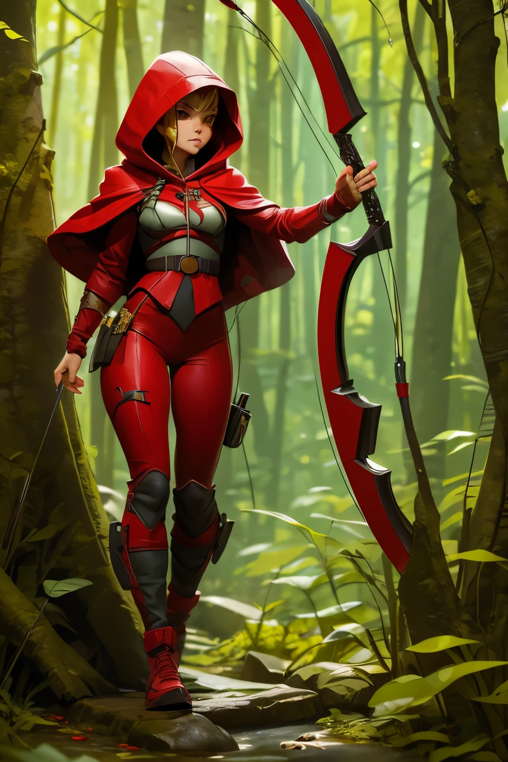(masterpiece), (best quality), 1girl, female archer, wearing red hood, stand, in the forest, holding arch 