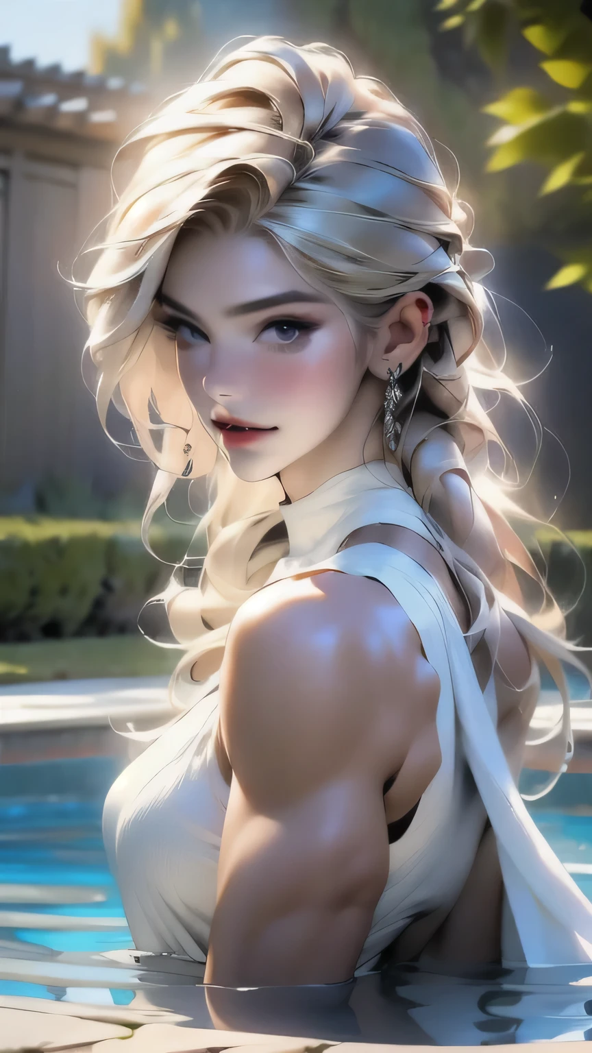 (最high quality, 4K), Beautiful woman, Ultra-realistic, 1 girl, (Huge breasts, Attractive body: 1.2), Abdominal muscles: 1.1, Dark blonde hair: 1.1, (Raindrops), Ultra detailed Face, detailed Lips, detailed Eyes, detailed, Armpit hair, double eyelid, Sensual low-neck dress, Open neckline, Super Big Boobs、Side pose, Visible curves, Pool Party, Lying next to the pool, Golden robe, good, Hairy armpits, Super Short Hair, Spread your legs, Big arms, Big biceps, Realistic armpit hair, Oiled, Sexy pose, ( bodybuilder), masterpiece, 最high quality, high quality, High resolution, (((Dynamic pose)))、 (Full body muscle々)