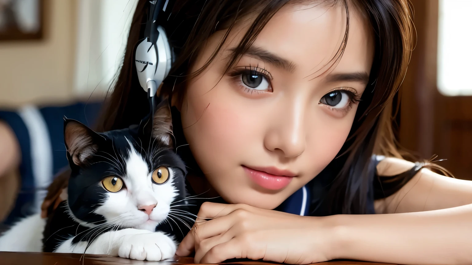 (Masterpiece, highest quality: 1.4), 8k, high resolution, glossy skin, lips, super detailed skin, detailed beautiful face and eyes, black hair, long hair, black eyes, (sailor uniform, wearing headphones), girl 's room, stroking a cat, black and white cat, real, kooo123,