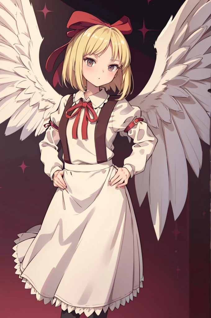 masterpiece, best quality, 1girl, solo, , medium blonde hair, forehead visible bangs, hair flaps, ribbon on head, well-formed face, blonde eyes, angel girl, standing collar, nehru collar, white blouse, long sleeves, red ribbon, angel wings, red thick suspenders, long white skirt, long maxi-skirt, very long skirt, wide shot, full body shot, simple background