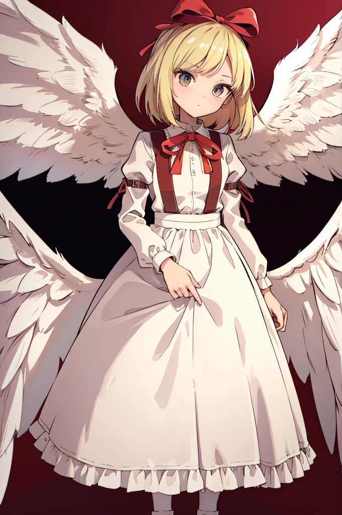 masterpiece, best quality, 1girl, solo, 10 years old, medium blonde hair, forehead visible bangs, hair flaps, ribbon on head, well-formed face, blonde eyes, angel girl, standing collar, nehru collar, white blouse, long sleeves, red ribbon, angel wings, red thick suspenders, long white skirt, long maxi-skirt, very long skirt, wide shot, full body shot, simple background