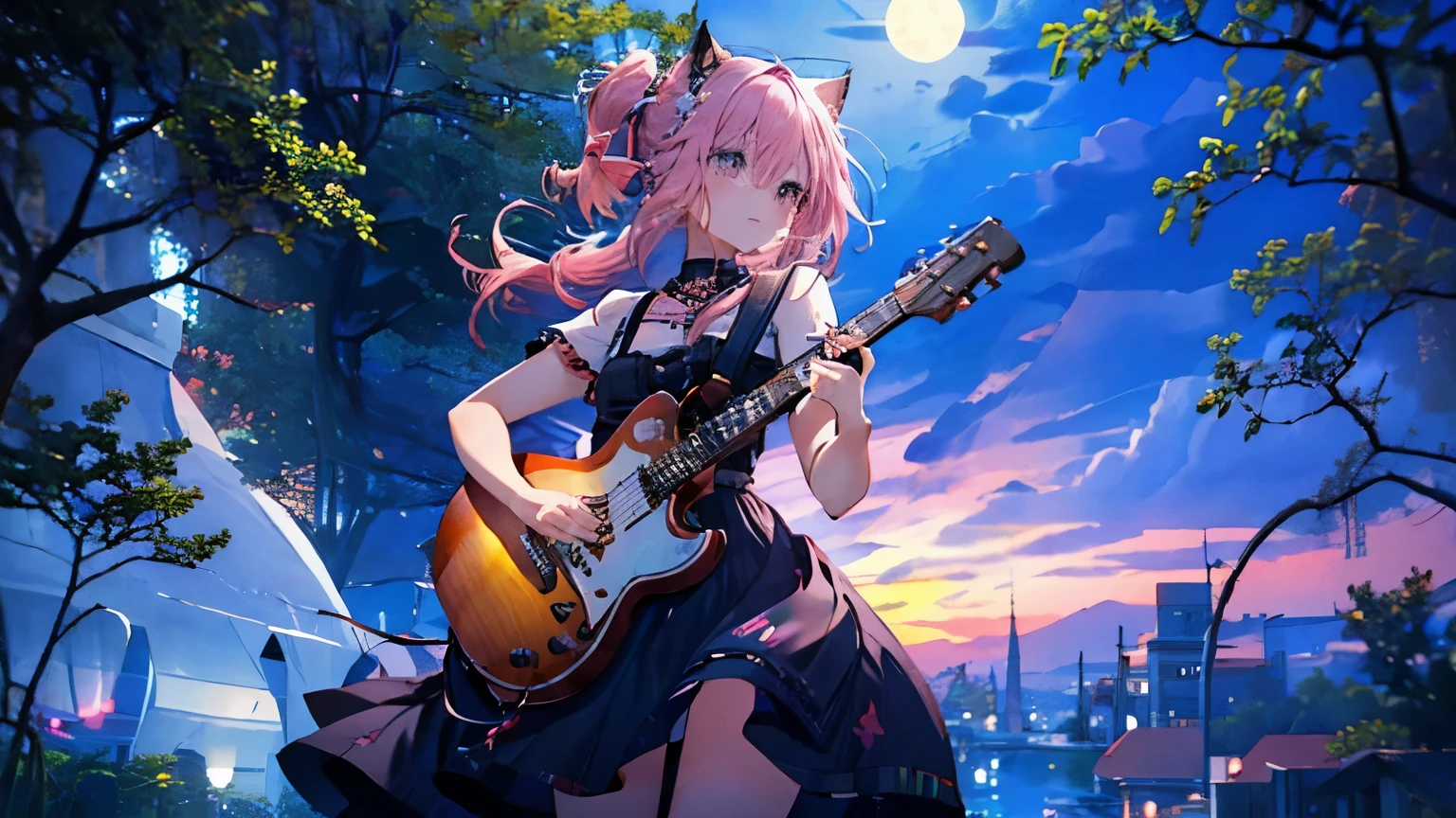 picture a scene of a girl playing the guiter with the moon and stars in the sky. Anime, pink hair, cat ears. That's her charm.