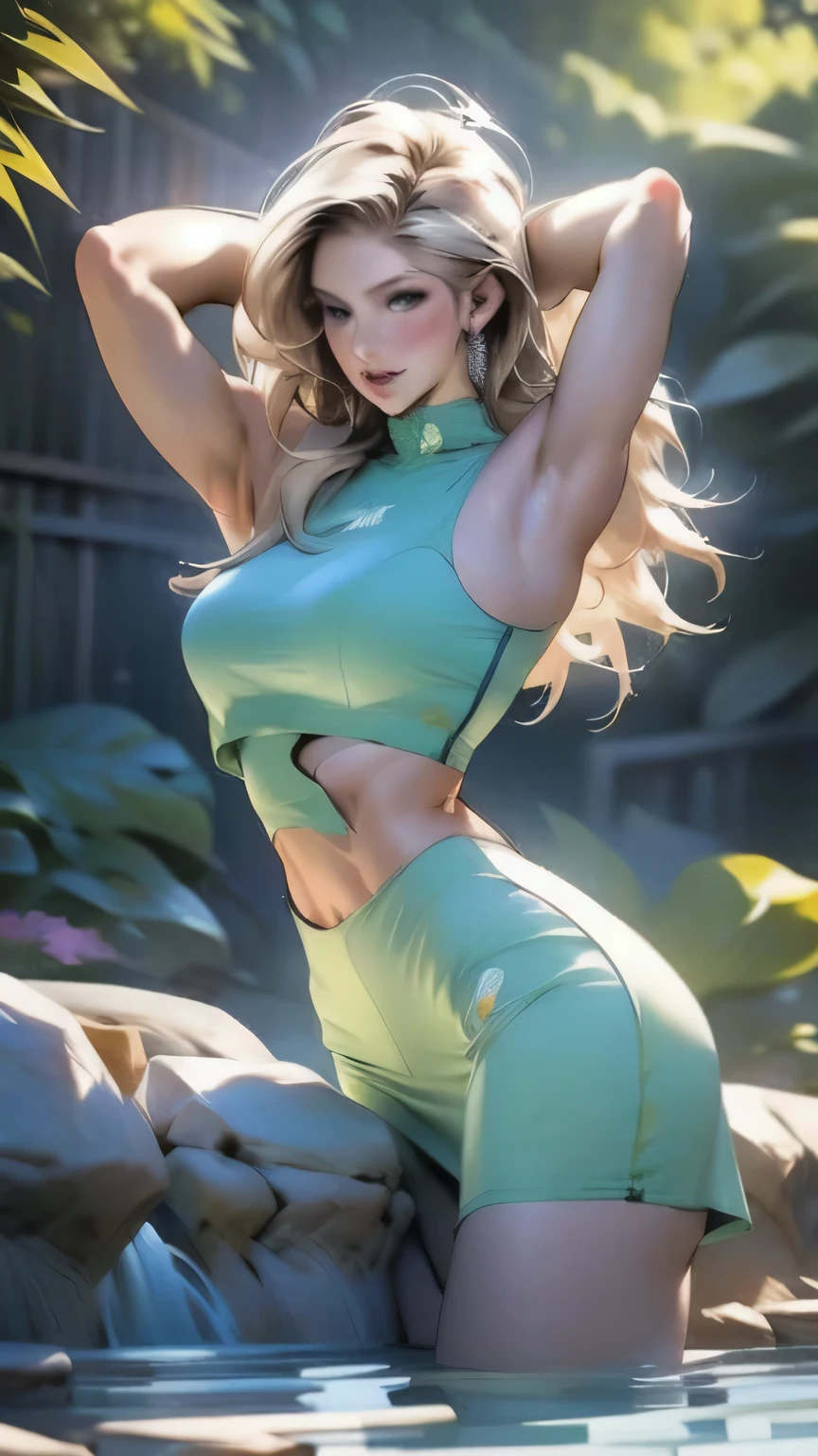 (最high quality, 4K), Beautiful woman, Ultra-realistic, 1 girl, (Huge breasts, Attractive body: 1.2), Abdominal muscles: 1.1, Dark blonde hair: 1.1, (Raindrops), Ultra detailed Face, detailed Lips, detailed Eyes, detailed, Armpit hair, double eyelid, Sensual low-neck dress, Open neckline, Super Big Boobs、Side pose, Visible curves, Pool Party, Lying next to the pool, Golden robe, good, Hairy armpits, Super Short Hair, Spread your legs, Big arms, Big biceps, Realistic armpit hair, Oiled, Sexy pose, ( bodybuilder), masterpiece, 最high quality, high quality, High resolution, (((Dynamic pose)))、 (Full body muscle々)