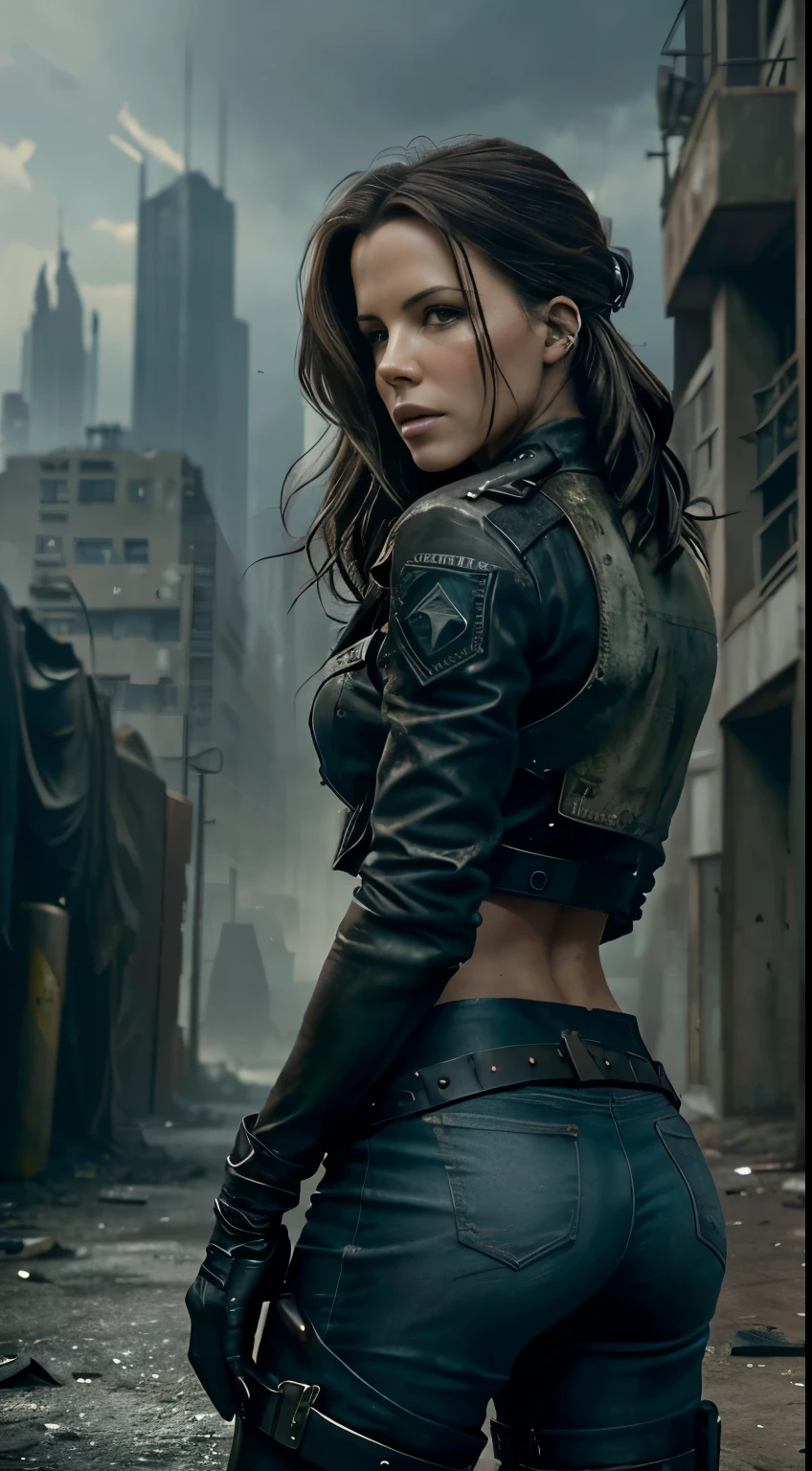 Foto hiperrealista en primer plano de Kate Beckinsale, masterpiece, best quality, (photorealistic:1.4),  Create dystopian masterpieces. Depict the cityscape in the gritty style of the game's concept art. This work should evoke a sense of abandonment and despair in a futuristic, post-apocalyptic world. Notice the intricacies of detail, the sharp focus.