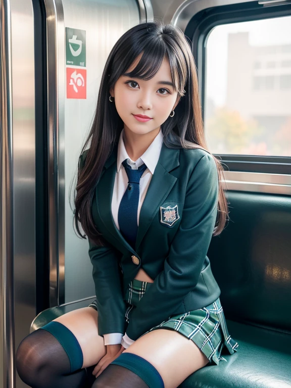 A 16-year-old beautiful girl with a sexy and cute expression, masterpiece、highest quality、High resolution、Realistic、Bright lighting、Professional Lighting、Face Light、Smooth lighting、Cute school girl、Cute uniform girl、美しい and sexy face、(Dark blue blazer with emblem on left chest)、(White blouse)、(Dark green casual tie)、(((Dark blue and dark green checkered mini skirt)))、(((Knee-length dark blue socks)))、Black leather shoes、Black loafers)、Brown medium hair、so beautiful、Beautiful Skin、Beautiful and exquisite、Detailed face、Brown eyes、Beautiful feet、in the train、smile、Full Body Shot、E cup breasts、Beautiful thighs、Clean calves、View Viewer、