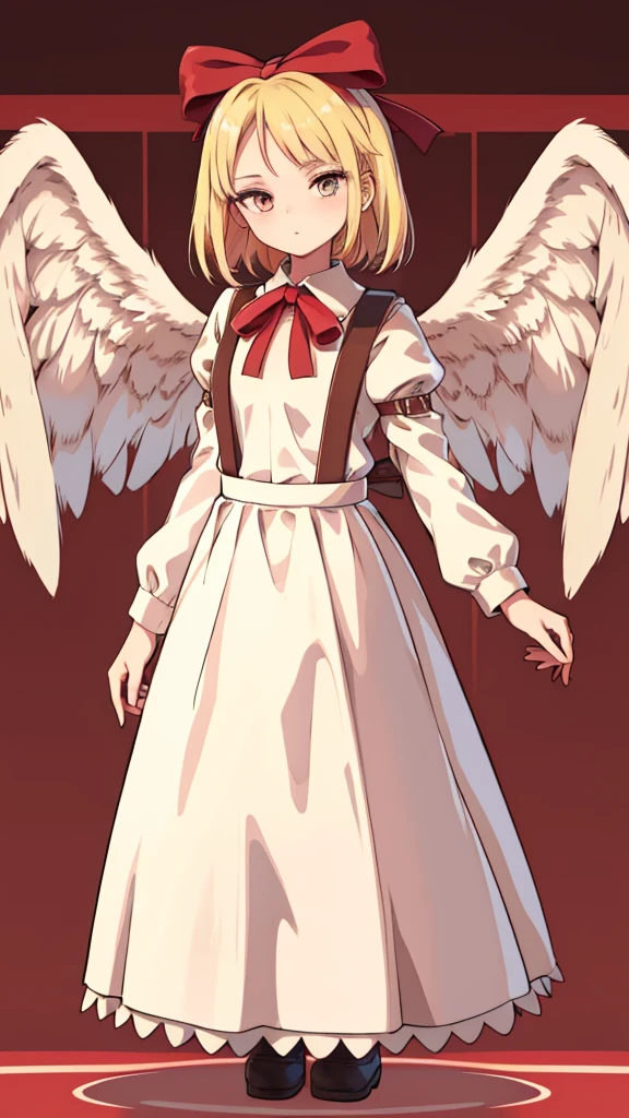 masterpiece, best quality, 1girl, solo, 10 years old, medium blonde hair, forehead visible bangs, hair flaps, ribbon on head, well-formed face, blonde eyes, angel girl, standing collar, nehru collar, white blouse, long sleeves, red ribbon, angel wings, red thick suspenders, long white skirt, long maxi-skirt, very long skirt, wide shot, full body shot, simple background