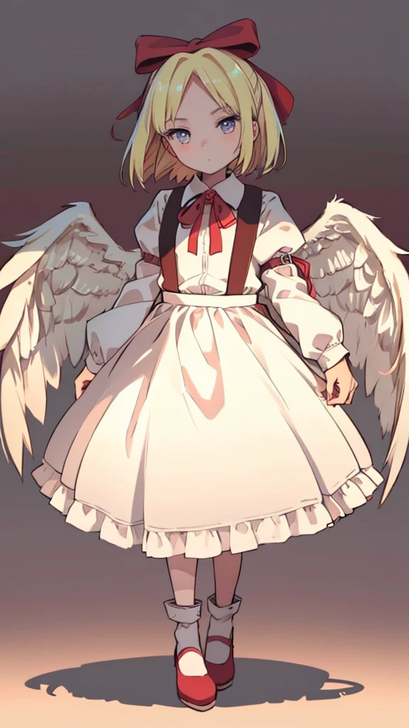 masterpiece, best quality, 1girl, solo, 10 years old, medium blonde hair, forehead visible bangs, hair flaps, ribbon on head, well-formed face, blonde eyes, angel girl, standing collar, nehru collar, white blouse, long sleeves, red ribbon, angel wings, red thick suspenders, long white skirt, long maxi-skirt, very long skirt, wide shot, full body shot, simple background