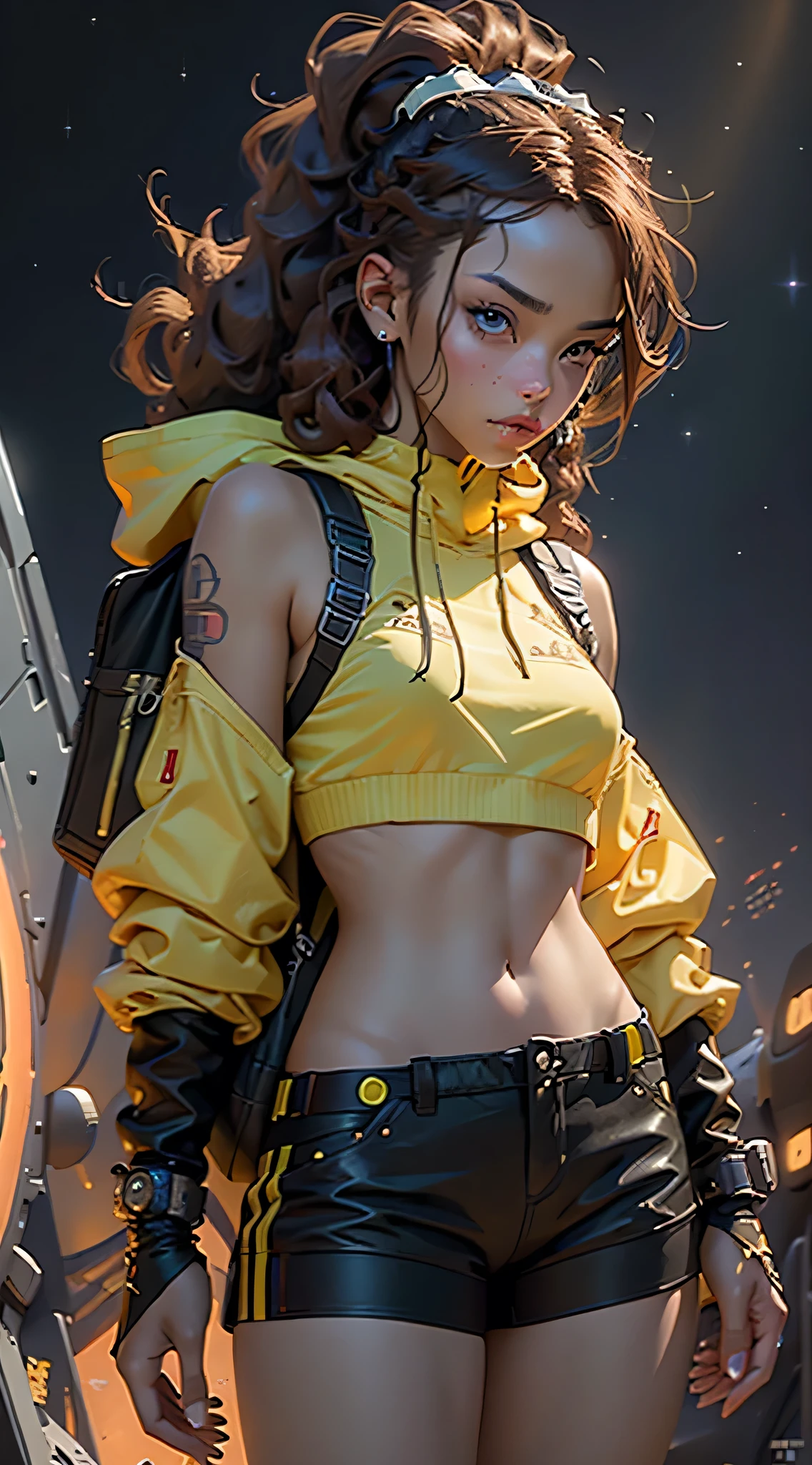 A solo, deep ebony girl with beautiful, detailed facial features, braided hair, black lips, wearing a yellow and black colored outfit with a backpack and a yellow hoodie jacket, with green eyes, long hair, diamond earrings, and cybernetic enhancements. She is standing in front of spaceships and satellites against a starry night sky, in a pigeoncore, neo-dadaist style, inspired by the character Asuka Langley from Neon Genesis EVA, with a mechanized precision, as a space crew member holding an important position, in the crowd as a spectator at a tech conference, in the style of mecha sci-fi anime. (best quality, 4k, 8k, highres, masterpiece:1.2), ultra-detailed, (realistic, photorealistic, photo-realistic:1.37), HDR, UHD, studio lighting, ultra-fine painting, sharp focus, physically-based rendering, extreme detail description, professional, vivid colors, bokeh