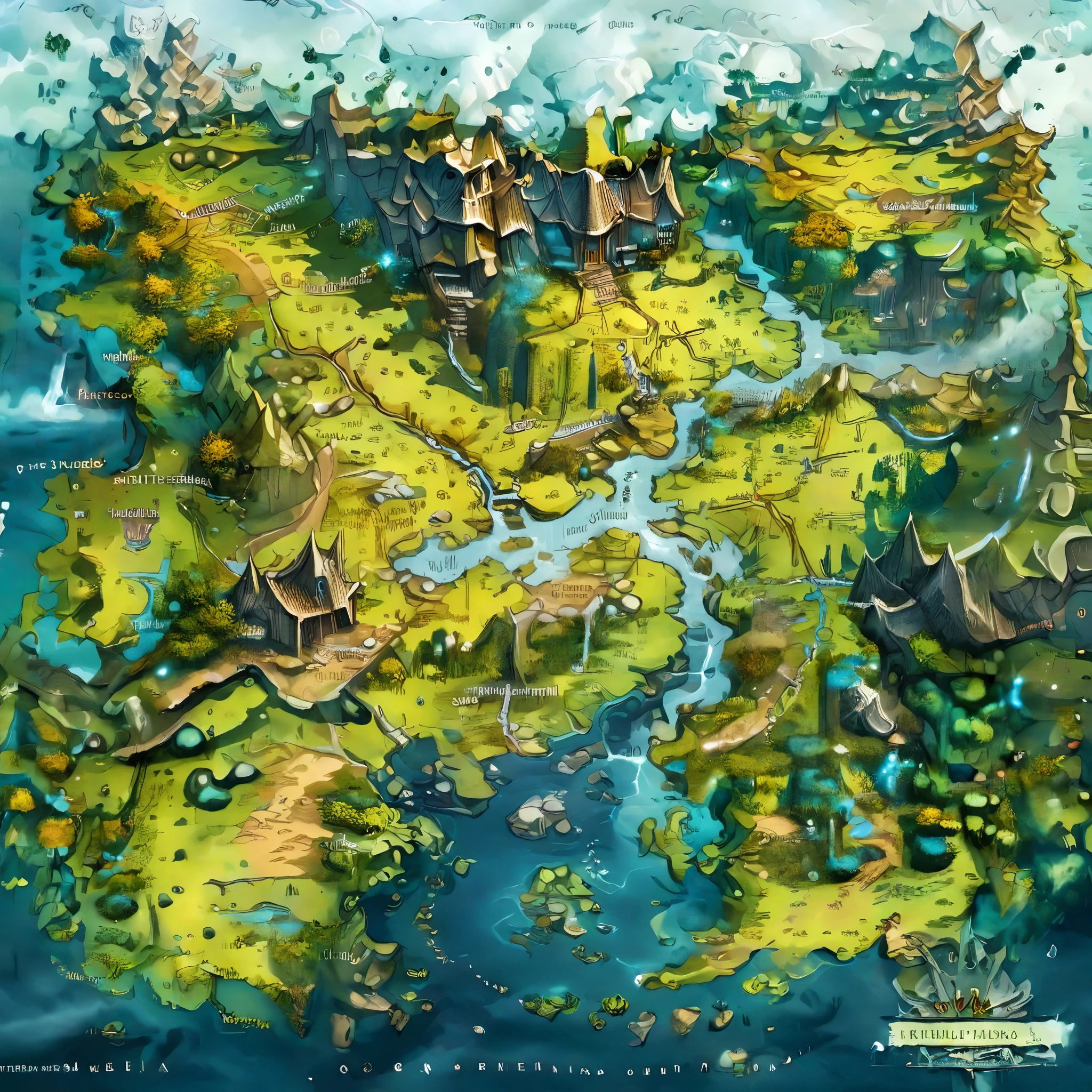 Isometric map of a medieval fantasy magical kingdom, mostrando rios, montanhas, Castelos, aldeias, estradas, with winding cobblestone paths, paredes de pedra, Tabernas, aldeias Forests and green lends,Rios de cores vivas com diferentes distritos, muitas cidades diferentes, estradas, landmarks of a vast magical city, fantasy landscape with Castelos, florestas, aldeias, estradas and geographic features drawn in a realistic painterly style, Magical monsters creatures