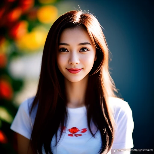 8K images, Shot with a high quality Fuji 45 camera..,000,Raw Photos 45,000,000 pixels,Warm light,) best quality, Masterpiece:1.2), (realistic, photo-realistic:1.37), very detailed,
1 woman,cute, Actions in various postures, alone, red flower,Beautifully detailed sky,at night, Chest 34 inches&quot;, charming smile, wide aperture, Warm light, professional lighting, Sony A7R4, 50 mm sitting lens. ,Beautifully detailed eyes,(T-shirt with red and dark blue pattern, Long hair floats up:1.2),floating hair