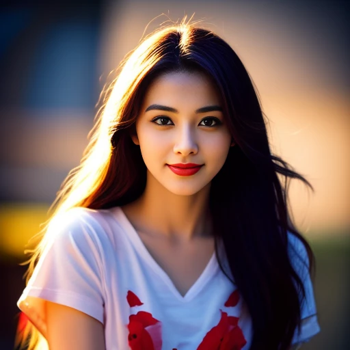 8K images, Shot with a high quality Fuji 45 camera..,000,Raw Photos 45,000,000 pixels,Warm light,) best quality, Masterpiece:1.2), (realistic, photo-realistic:1.37), very detailed,
1 woman,cute, Actions in various postures, alone, red flower,Beautifully detailed sky,at night, Chest 34 inches", charming smile, wide aperture, Warm light, professional lighting, Sony A7R4, 50 mm sitting lens. ,Beautifully detailed eyes,(T-shirt with red and dark blue pattern, Long hair floats up:1.2),floating hair