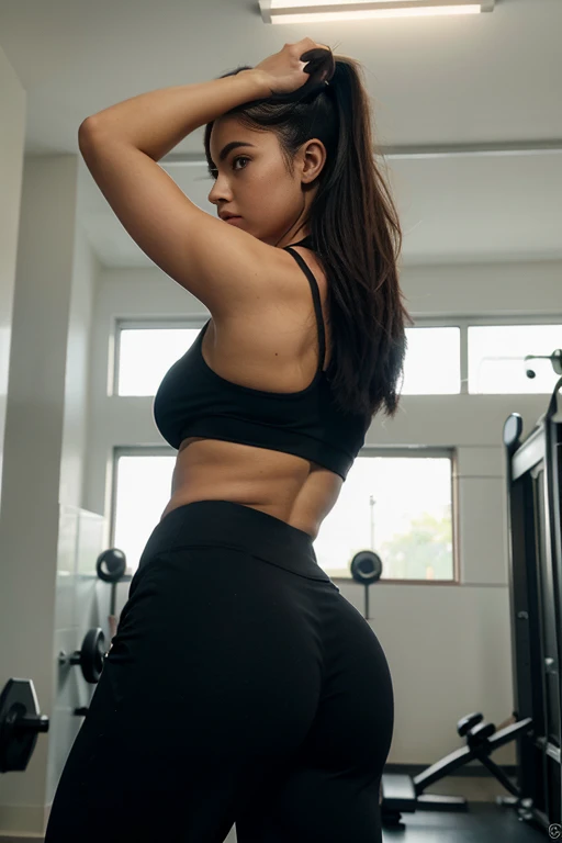 photorealista:1.4, Obra de arte, melhor qualidade, sozinho, rosto detalhado:1.2, perfect proportions, photos realista, Foto de uma modelo madura do Instagram, university students, small physique, medium breasts, ROH , cabelo preto comprido, Black Gym Clothes, black pants, gym pants gym bottoms, maquinas de academia, Augenfokus, Fundo de academia, directed backwards, dramatic light, cinematic light, realista, realismo, influenciadora fitness treinando na academia, corpo de academia, academia, foto na academia, fundo com maquinas de academia, posando na academia bunda linda, bunda perfeita.