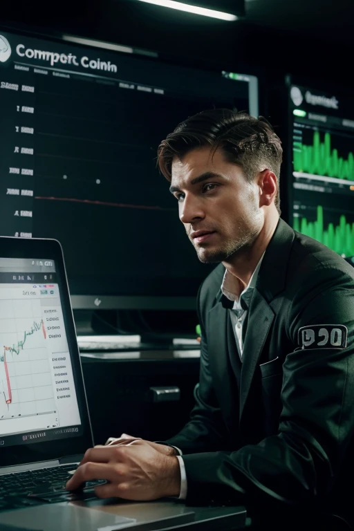 Generate me A picture of an alpha male trading meme coin on a computer with a graph chart Showing the stock rising in green