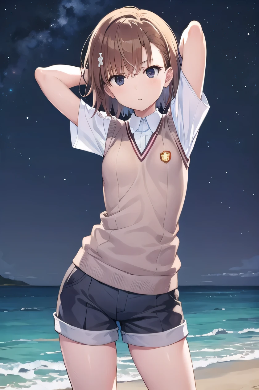 short hair, brown hair, black eyes, empty eyes, shaking hips, sweater vest, shirt, shorts, white shirt, pleated shorts, v-neck, short sleeves, tokiwadai , misaka imouto, solo, night sky, beach, arms behind head, contrapposto, spread armpits, closed mouth, (cowboy shot:1.5), looking at viewer,