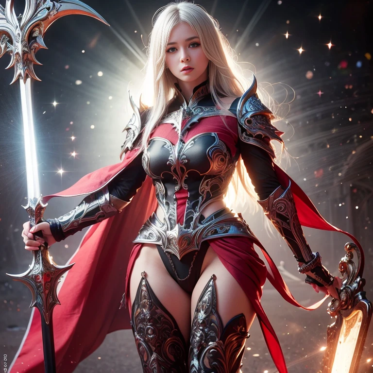 beautiful lady, subtle makeup, photorealistic, high contrast, 8k HD, detailed, hyper-detailed, realistic skin texture, perfect anatomy, perfect female body,
long hair, white hair, big breast, glowing blue eyes, perfect nose, best quality, ultra high res, raw photo, diffuse glow, full body white knight armor, cape, holding crystal sword,
stylish pose, medieval theme