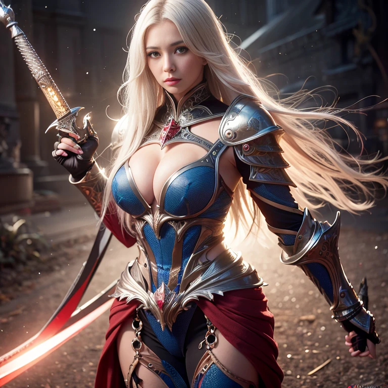 beautiful lady, subtle makeup, photorealistic, high contrast, 8k HD, detailed, hyper-detailed, realistic skin texture, perfect anatomy, perfect female body,
long hair, white hair, big breast, glowing blue eyes, perfect nose, best quality, ultra high res, raw photo, diffuse glow, full body white knight armor, cape, holding crystal sword,
stylish pose, medieval theme